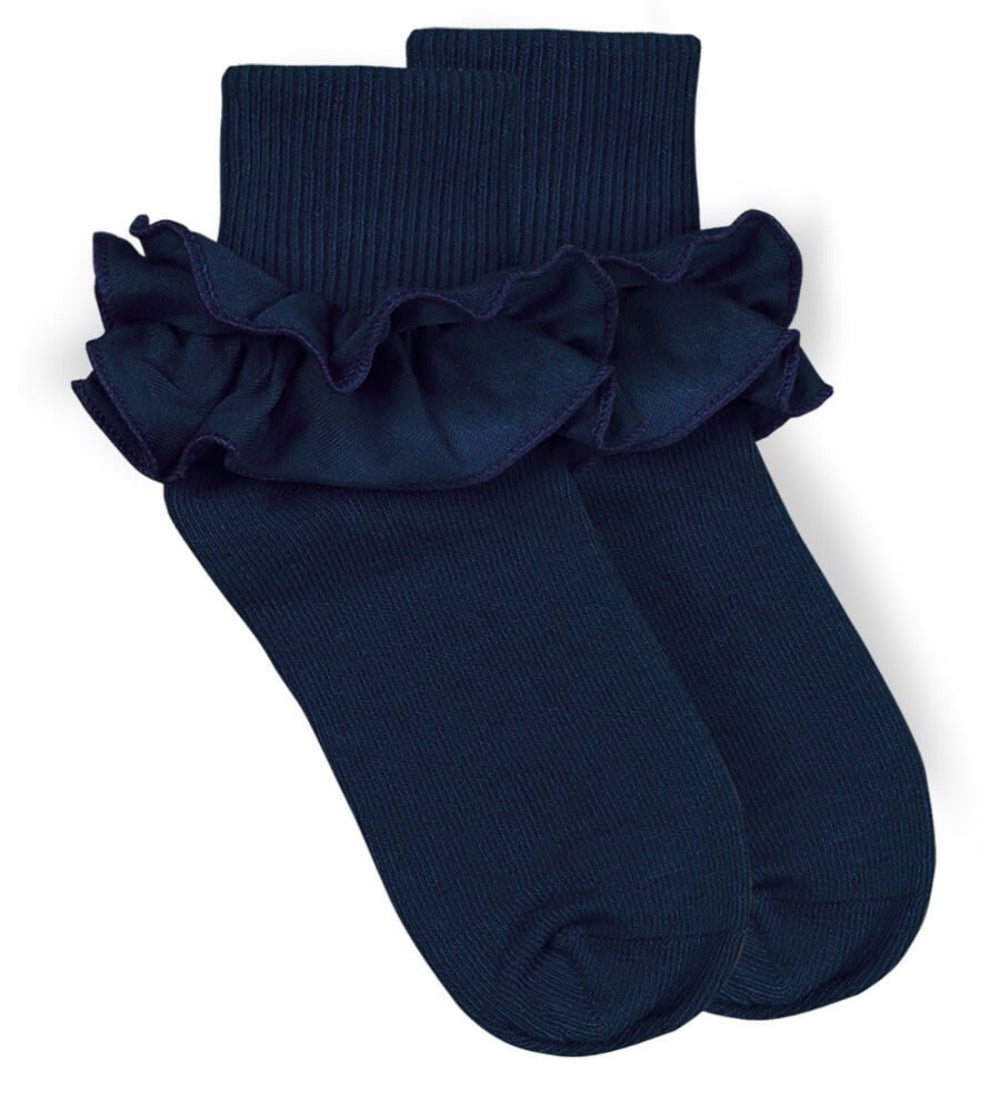 Midnight Blue Jefferies Socks Girls Misty Ruffle Lace Turn Cuff Socks Navy (1 Pair)