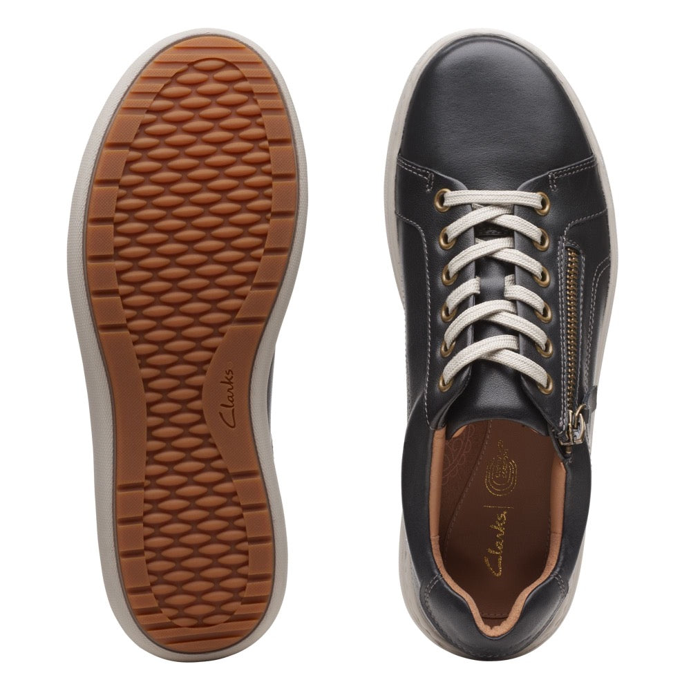 Dark Olive Green Clarks Women's Nalle Lace Lace-Up Zip Sneaker Black Leather Wide