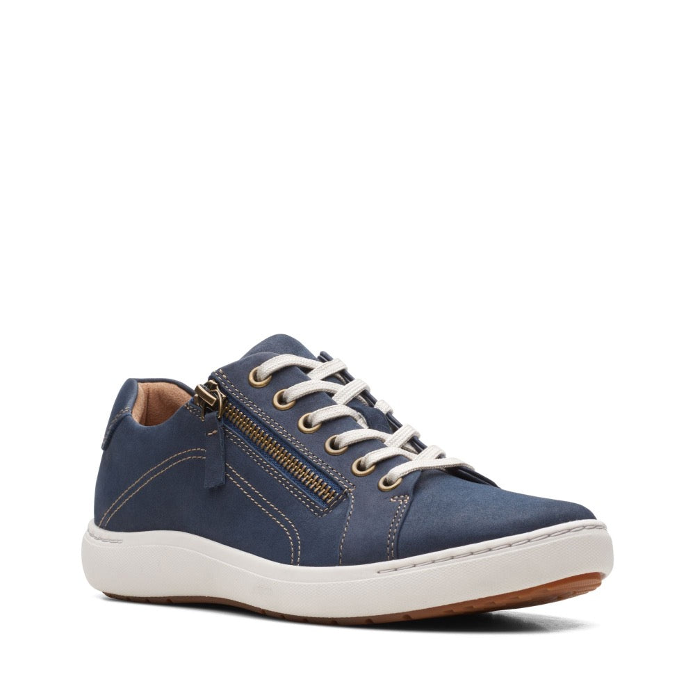Light Gray Clarks Women's Nalle Lace Lace-Up Zip Sneaker Navy Nubuck Wide