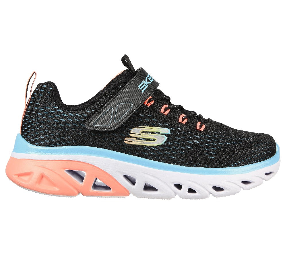 Light Gray Skechers Little Girls Glide-Step Sport Velcro Blue / Pink