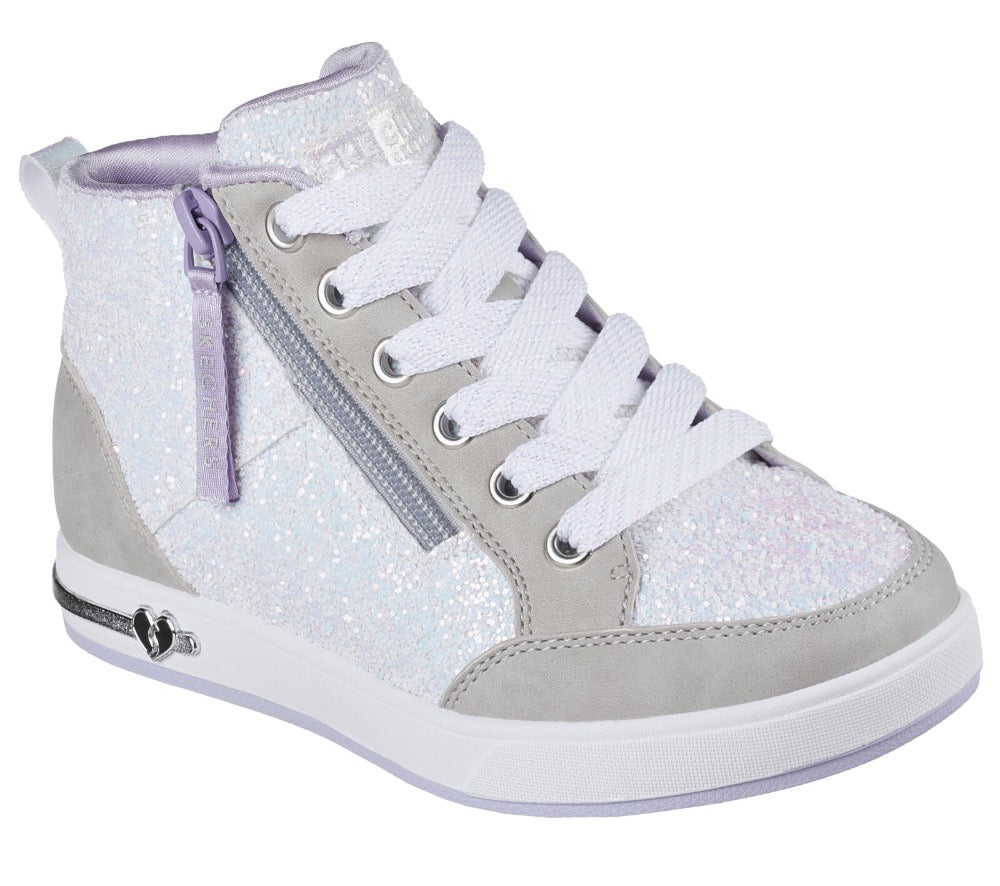 Light Gray Skechers Big Girls Shoutouts 2.0 - Glitter Steps Zip Grey
