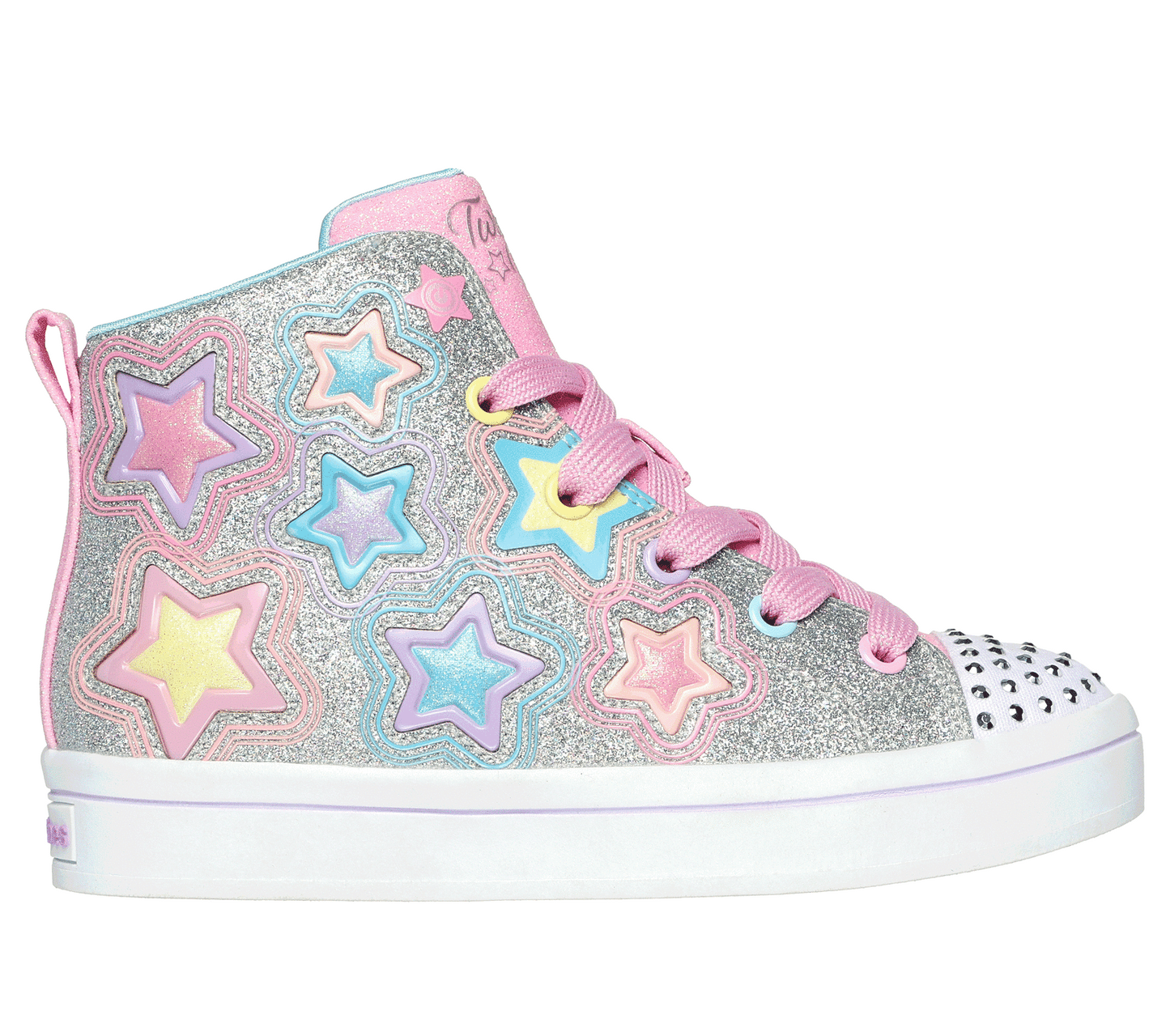 Light Gray Skechers Little Girls Twi-Lites 2.0 - Star Gloss Silver / Multi