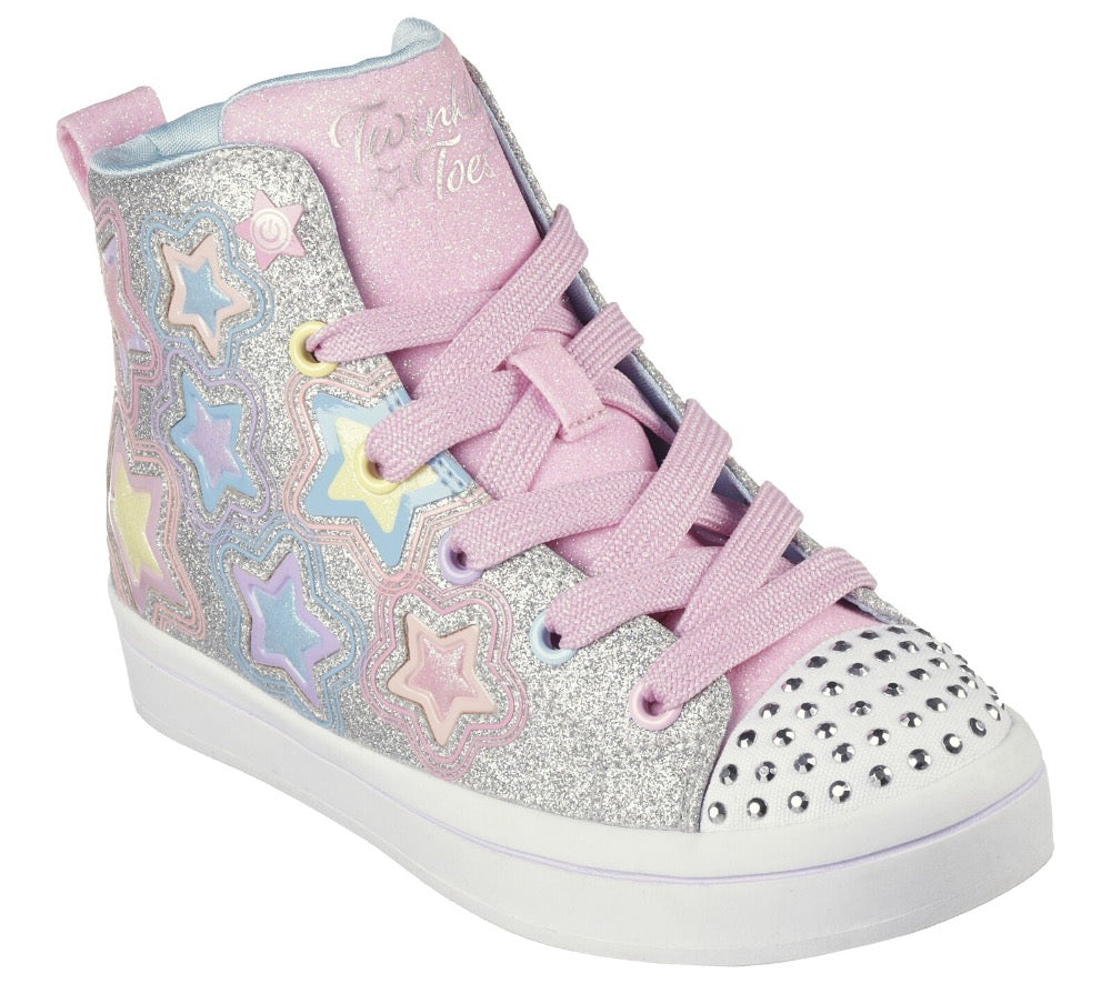 Light Gray Skechers Little Girls Twi-Lites 2.0 - Star Gloss Silver / Multi