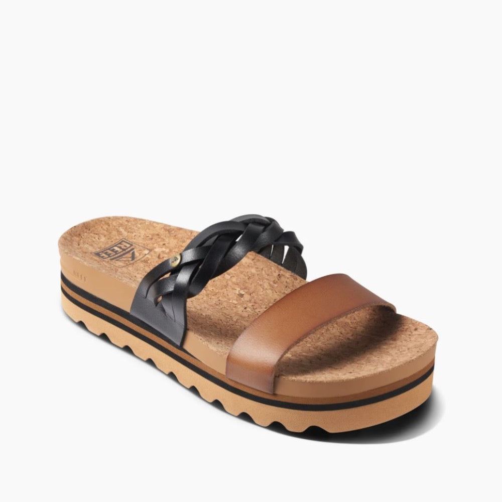White Smoke Reef Women's Cushion Vista Hi Twist Slide Sandal Cognac / Black