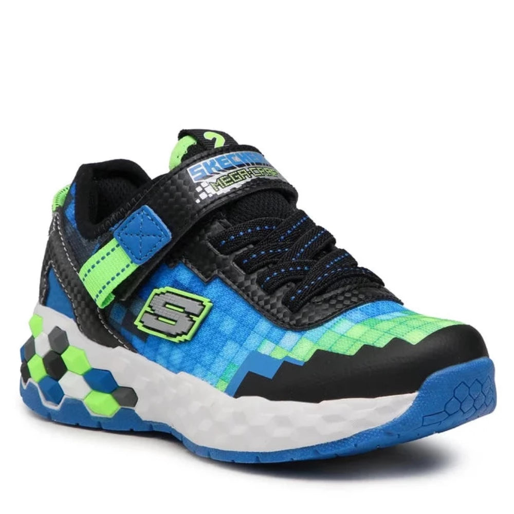 Light Gray Skechers Boys Mega-Craft 2.0 Hook and Loop Sneaker Blue / Lime / Black