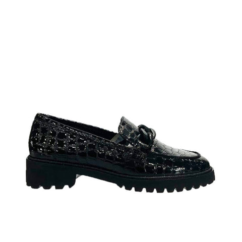 Black Ara Women's Kiana Chunky Sole Chain Loafer Black Croco Print Patent