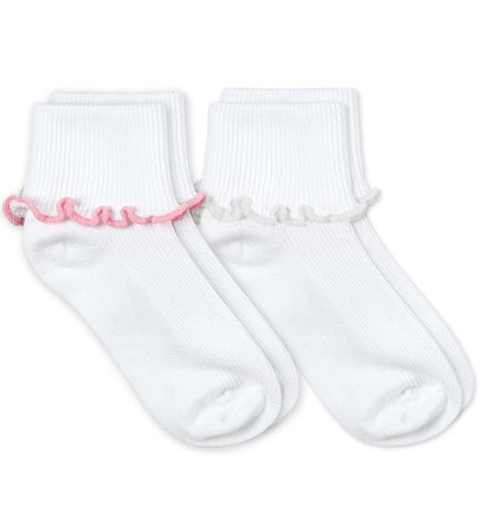 White Smoke Jefferies Socks Girls Seamless Ripple Edge Smooth Toe Turn Cuff Socks Pink / White 2 Pack