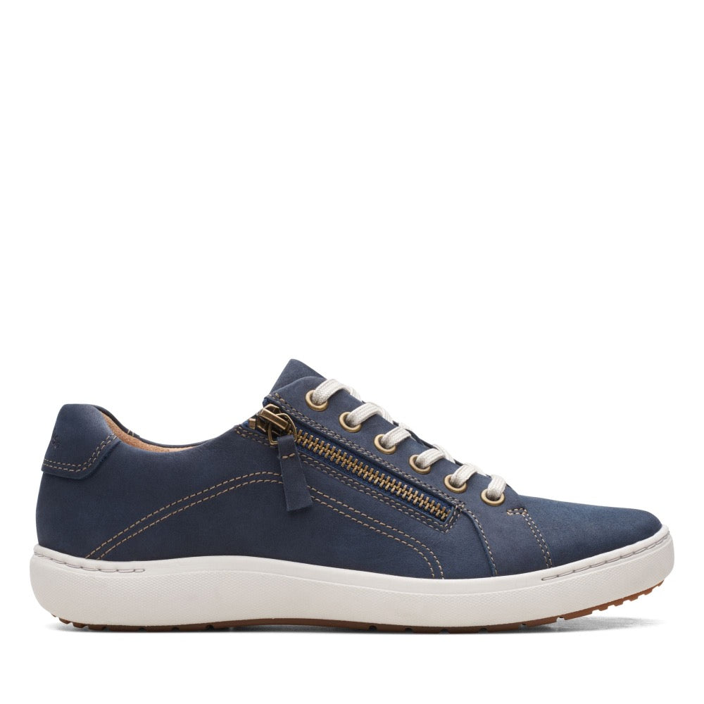 Light Gray Clarks Women's Nalle Lace Lace-Up Zip Sneaker Navy Nubuck Wide