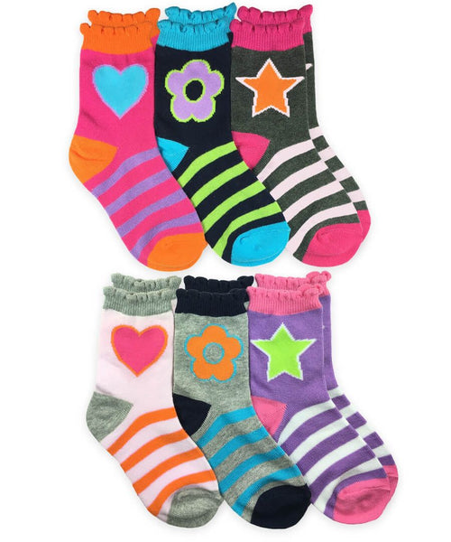 Gray Jefferies Socks Girls Stars/Daisies/Hearts Crew Socks Assorted 6 Pack