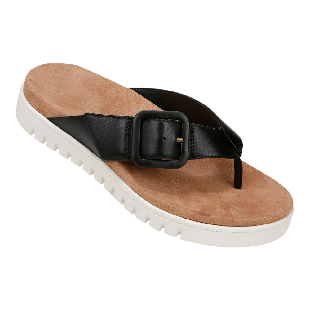 Black Vionic Women's Uptown Marin Flip Flops Black Tumbled Leather