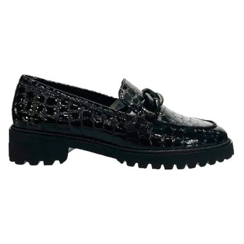 Black Ara Women's Kiana Chunky Sole Chain Loafer Black Croco Print Patent