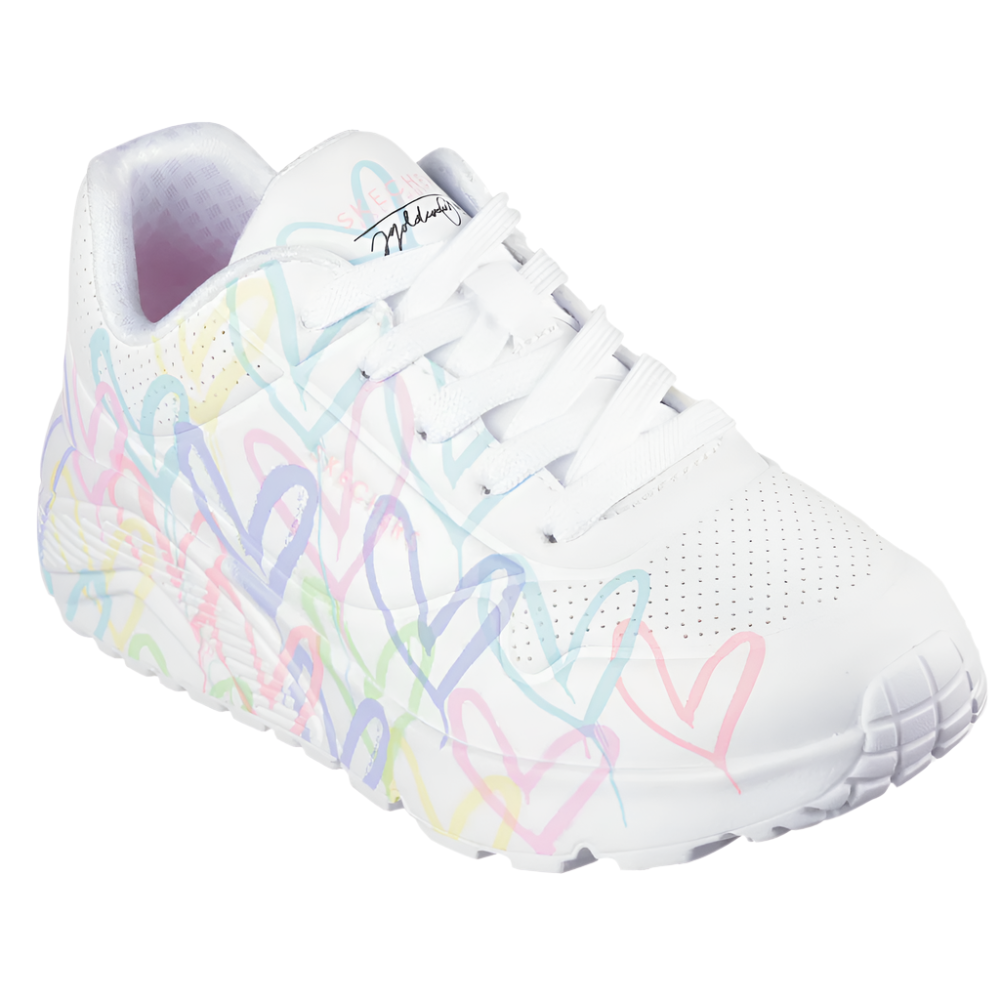 Lavender Skechers Grade School Girls JGoldcrown: Uno Lite - Spread The Love White / Pink / Turquoise