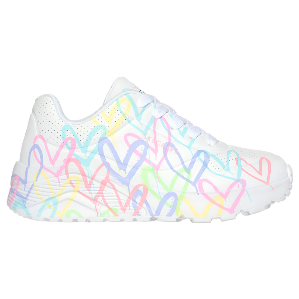 Lavender Skechers Grade School Girls JGoldcrown: Uno Lite - Spread The Love White / Pink / Turquoise